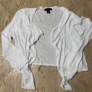 Tahari Womens XS White Knit Open Front Waterfall Cardigan Shrug Sweater